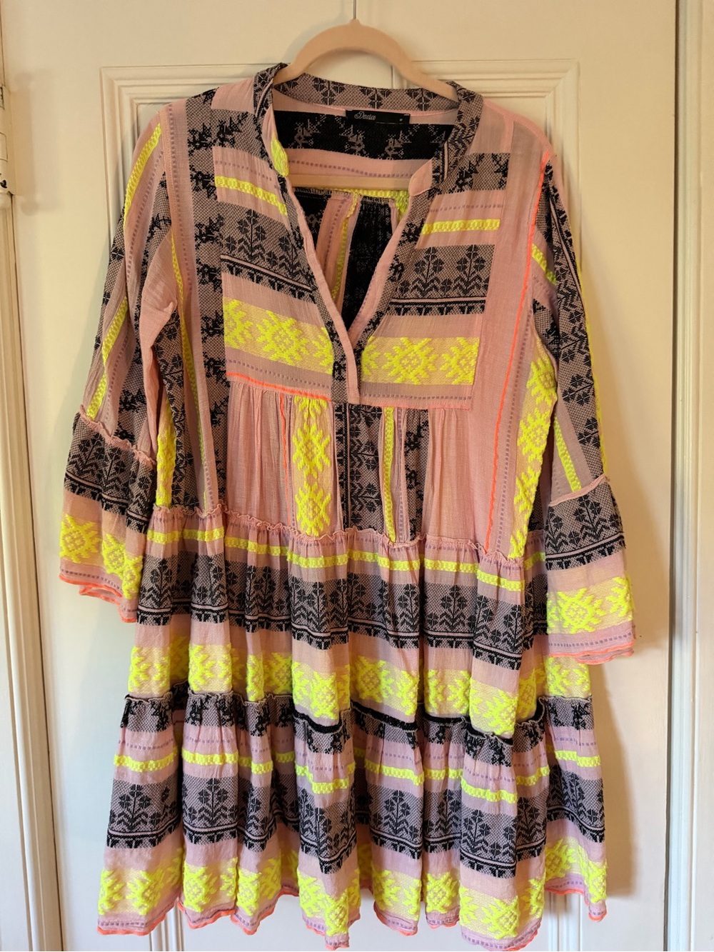 Embroidered Tiered Long-Sleeve Dress in Pink and Neon Yellow
